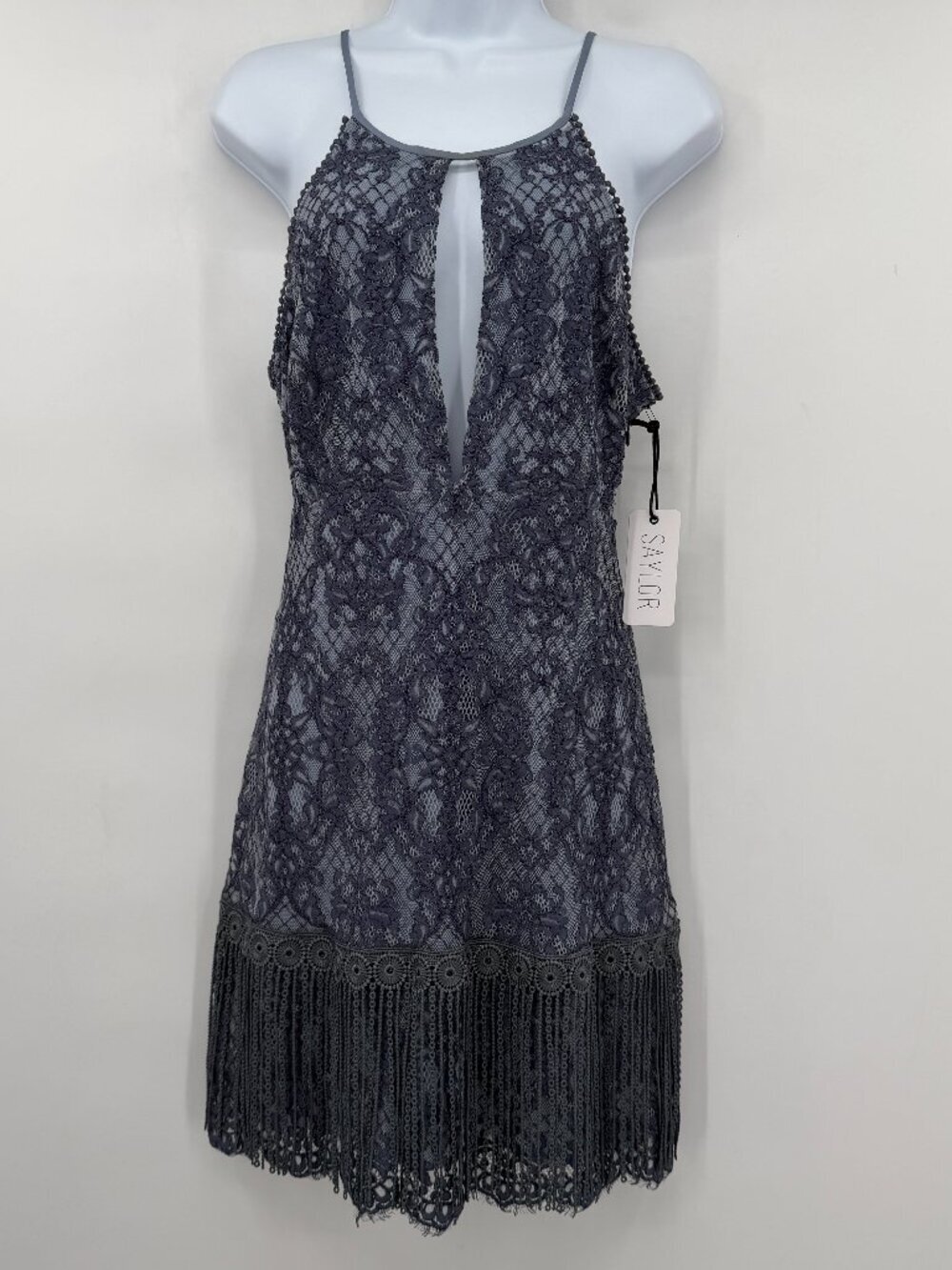 Saylor Lace Fringe Mini Dress Gray Plunge Halter Cocktail Party NWT Women’s S